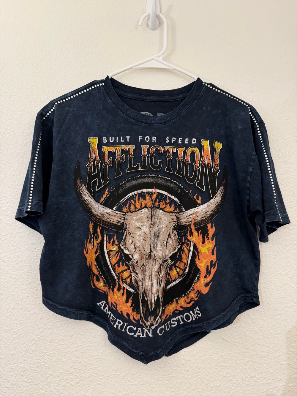 Affliction Navy Graphic Tee with Bull Skull & Flames